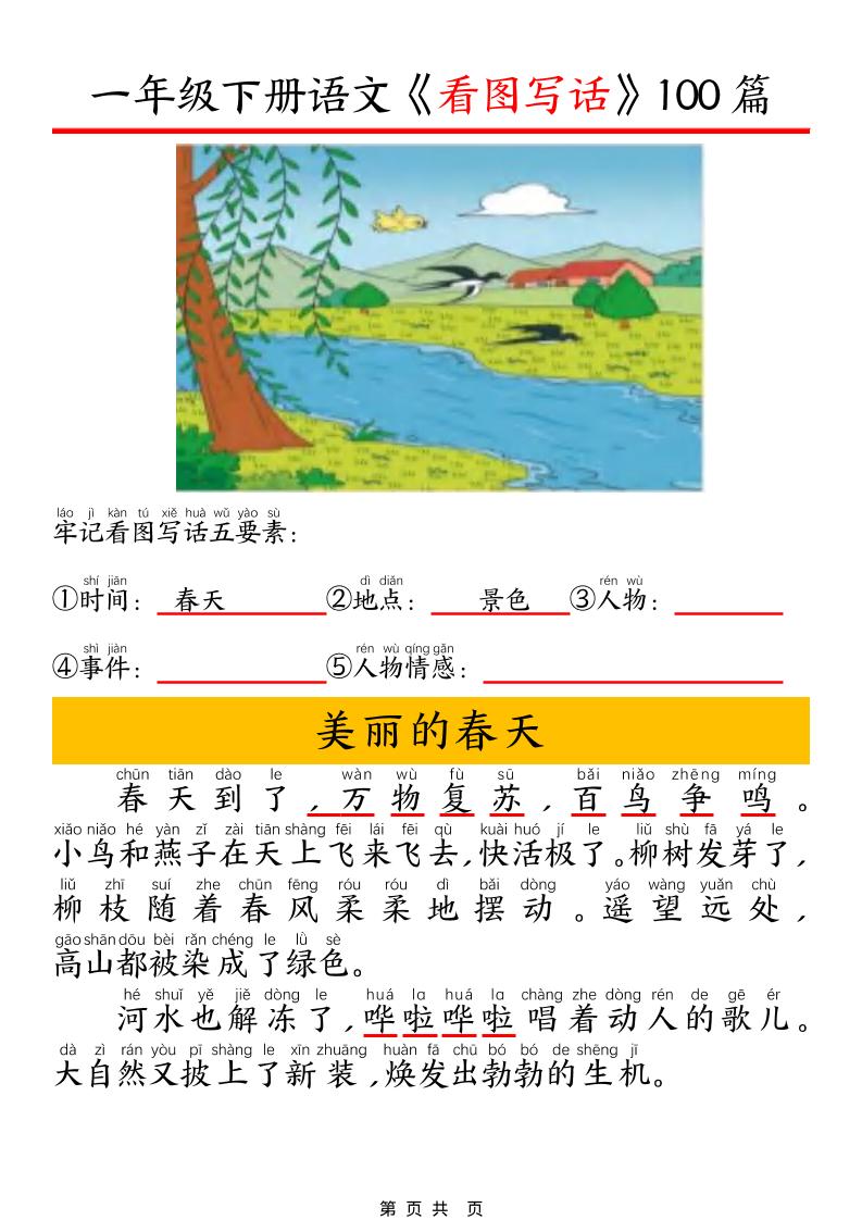 一年级下语文看图写话五要素训练-钛库啦