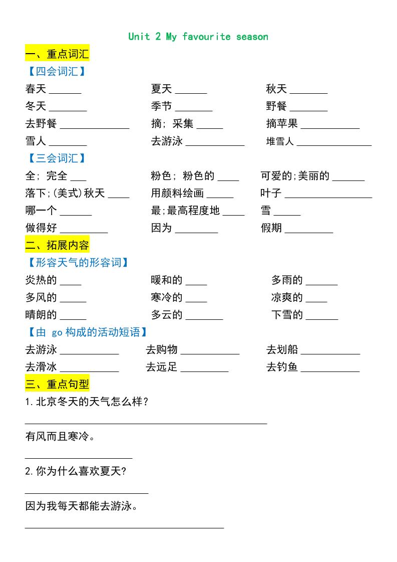 五年级下英语期末常考知识练习-钛库啦