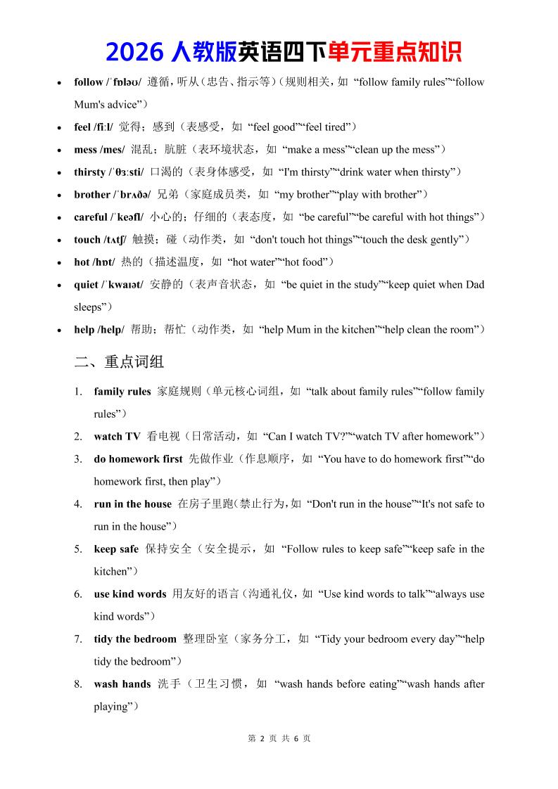 四年级下英语Unit2重点知识汇总《人教版PEP》-钛库啦