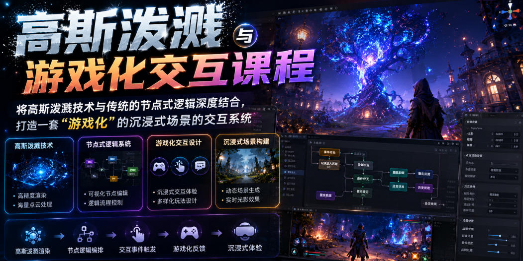 高斯泼溅与游戏化交互课程,将高斯泼溅技术与传统的节点式逻辑深度结合,打造一套“游戏化”的沉浸式场景的交互系统-钛库啦