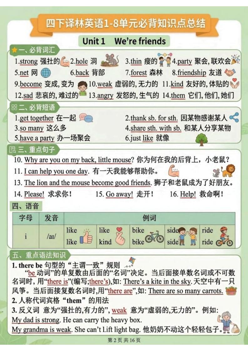 四年级下英语1-8单元知识点汇总《译林版》-钛库啦