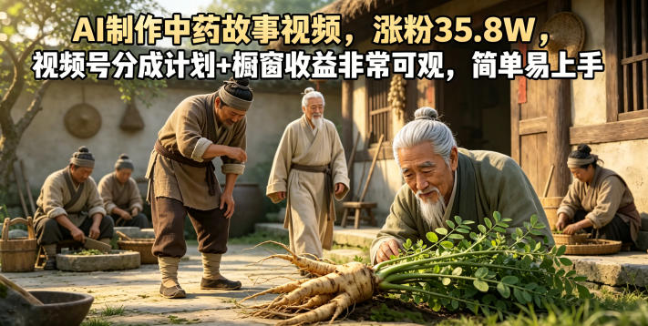 AI制作中药故事视频,涨粉35.8W,视频号分成计划+橱窗收益非常可观,简单易上手-钛库啦