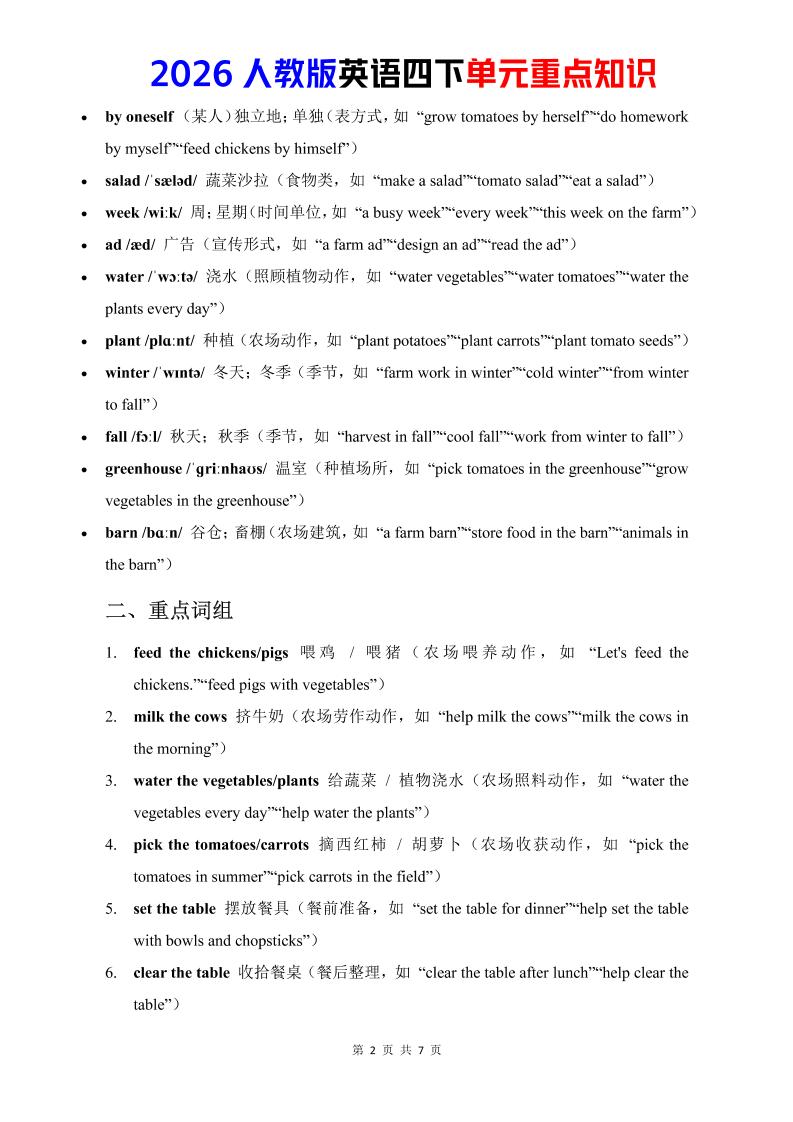 四年级下英语Unit6重点知识汇总《人教版PEP》-钛库啦