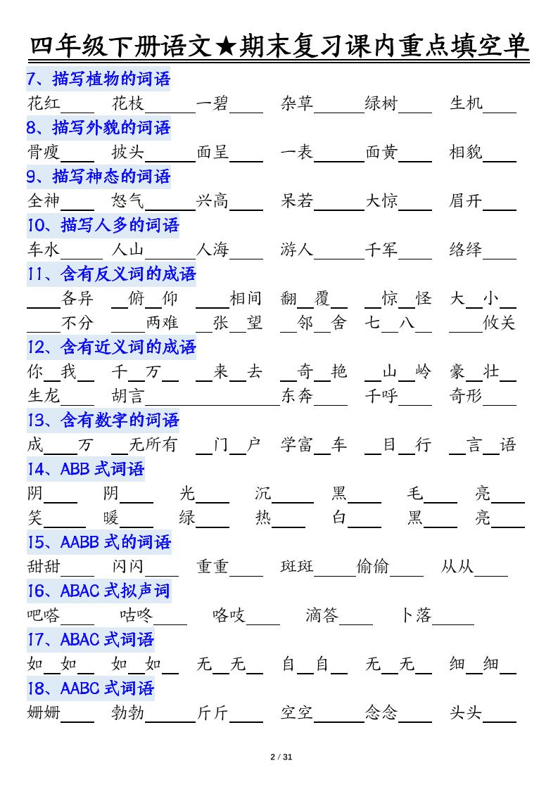 四年级下语文期末重点课内知识填空单（填空版）-钛库啦