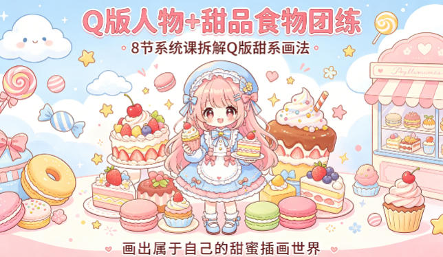 Q版人物+甜品食物团练，8节系统课拆解Q版甜系画法，画出属于自己的甜蜜插画世界-钛库啦