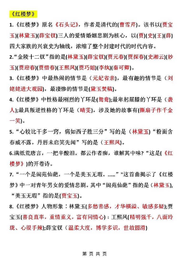 五年级下语文四大名著常考知识点精简版-钛库啦